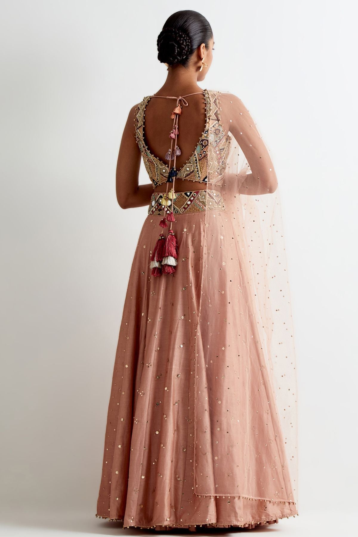 Mahnaz Peachy Pink Georgette Embroidered Choli With Lehenga And Mukaish Net Dupatta
