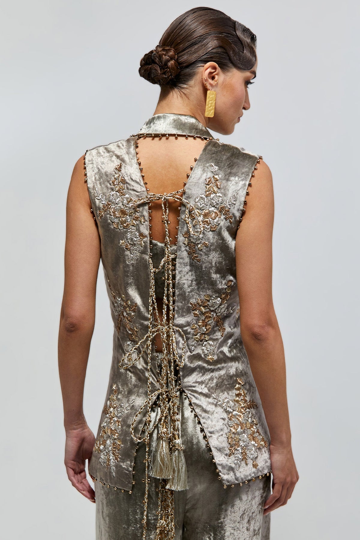 Mehra Grey Velvet Embroidered Backless Jacket With Bustier And Palazzo