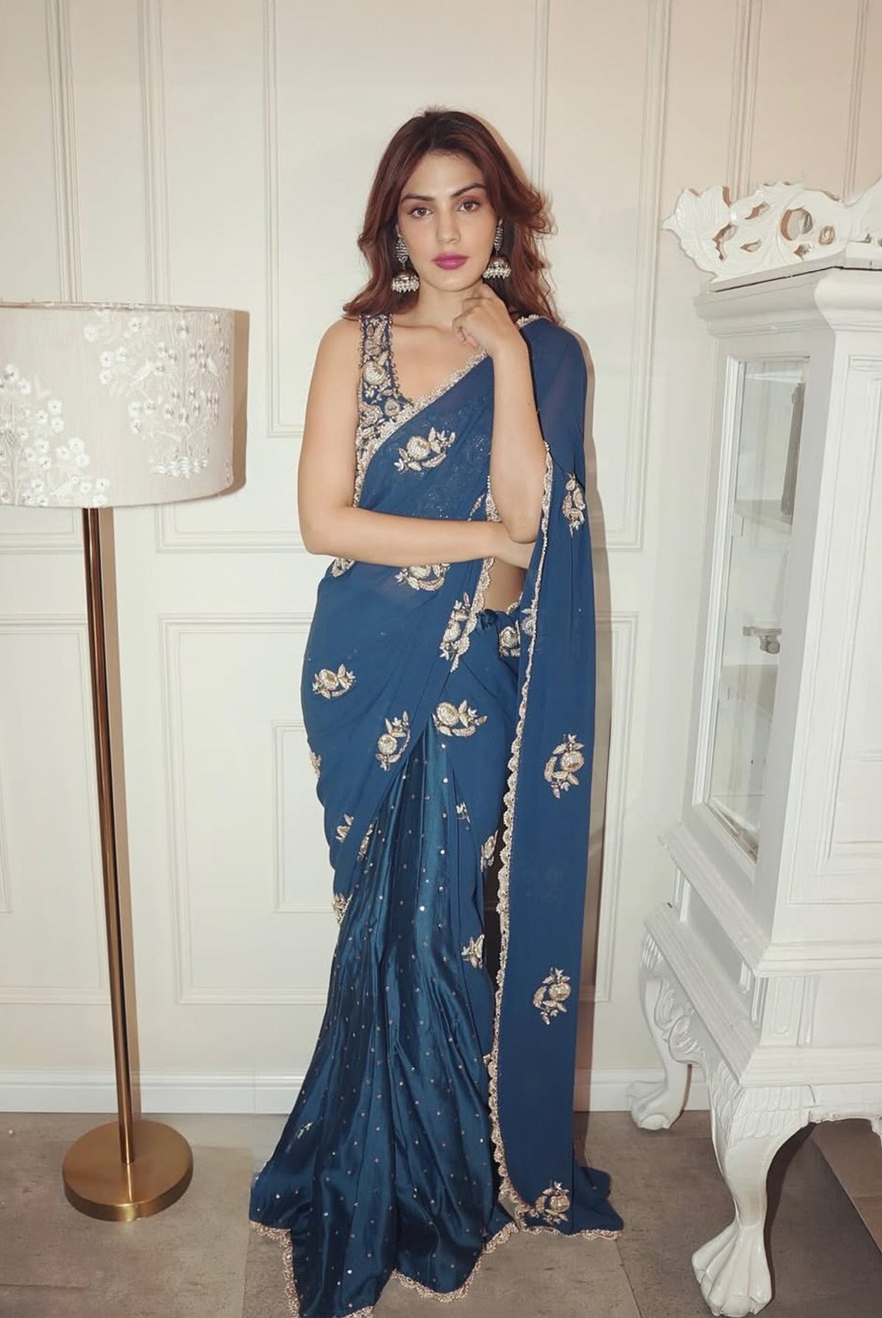Najja Teal Blue Georgette Embroidered Choli With Saree