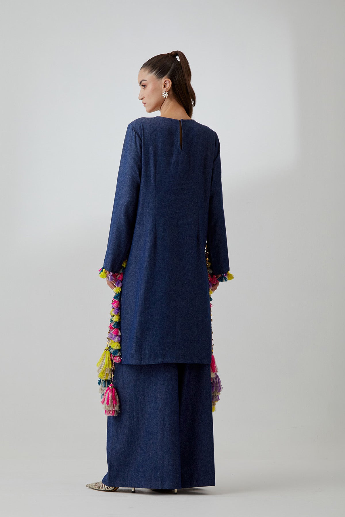 Blue Denim Embroidered Yoke Kurta With Palazzo Pant
