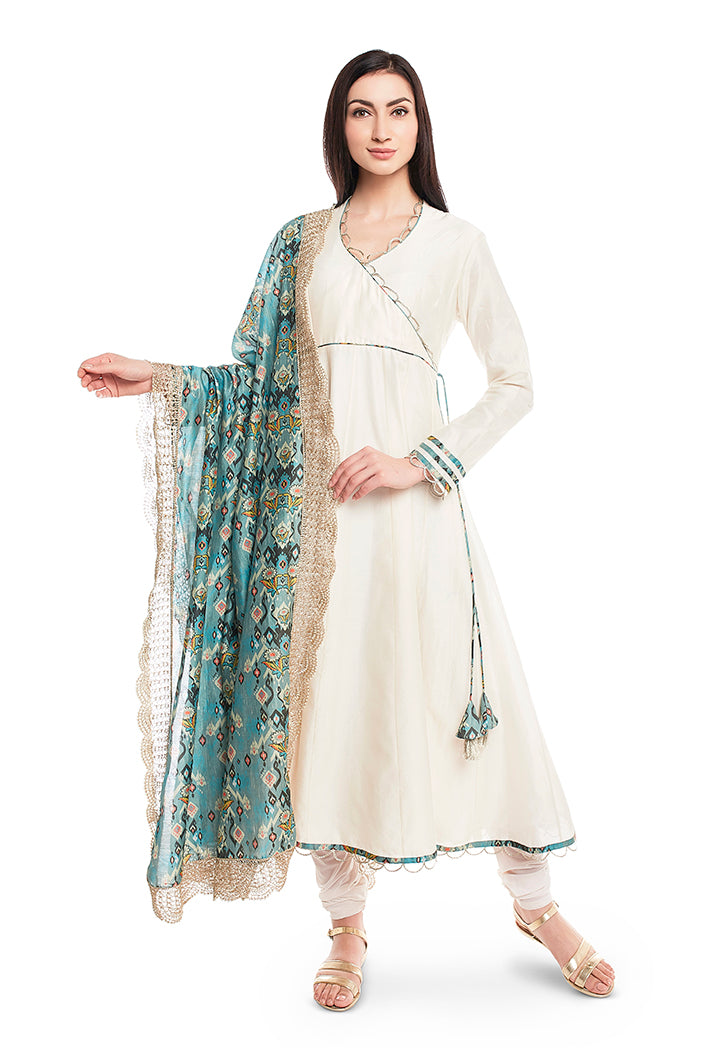 Cream Silkmul Overlap Anarkali with Soft Net Churidar and Blue Printed Silkmul Dupatta