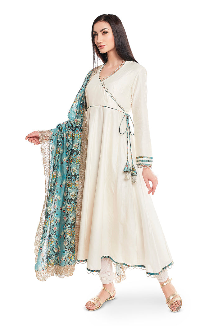 Cream Silkmul Overlap Anarkali with Soft Net Churidar and Blue Printed Silkmul Dupatta