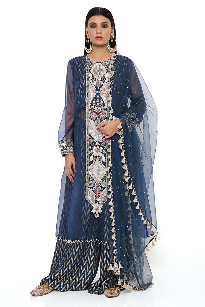 Noora Navy Organza Embroidered Yoke Anarkali With  Dash Ikat Banarasi Georgette Palazzo And Mukaish Net Dupatta