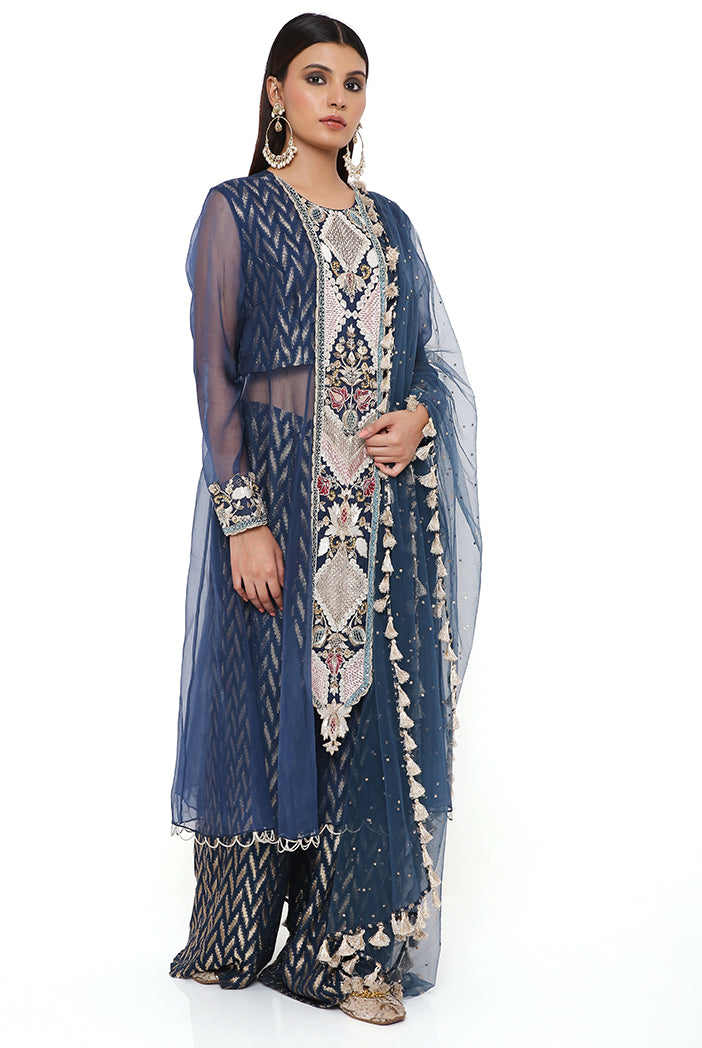 Noora Navy Organza Embroidered Yoke Anarkali With  Dash Ikat Banarasi Georgette Palazzo And Mukaish Net Dupatta