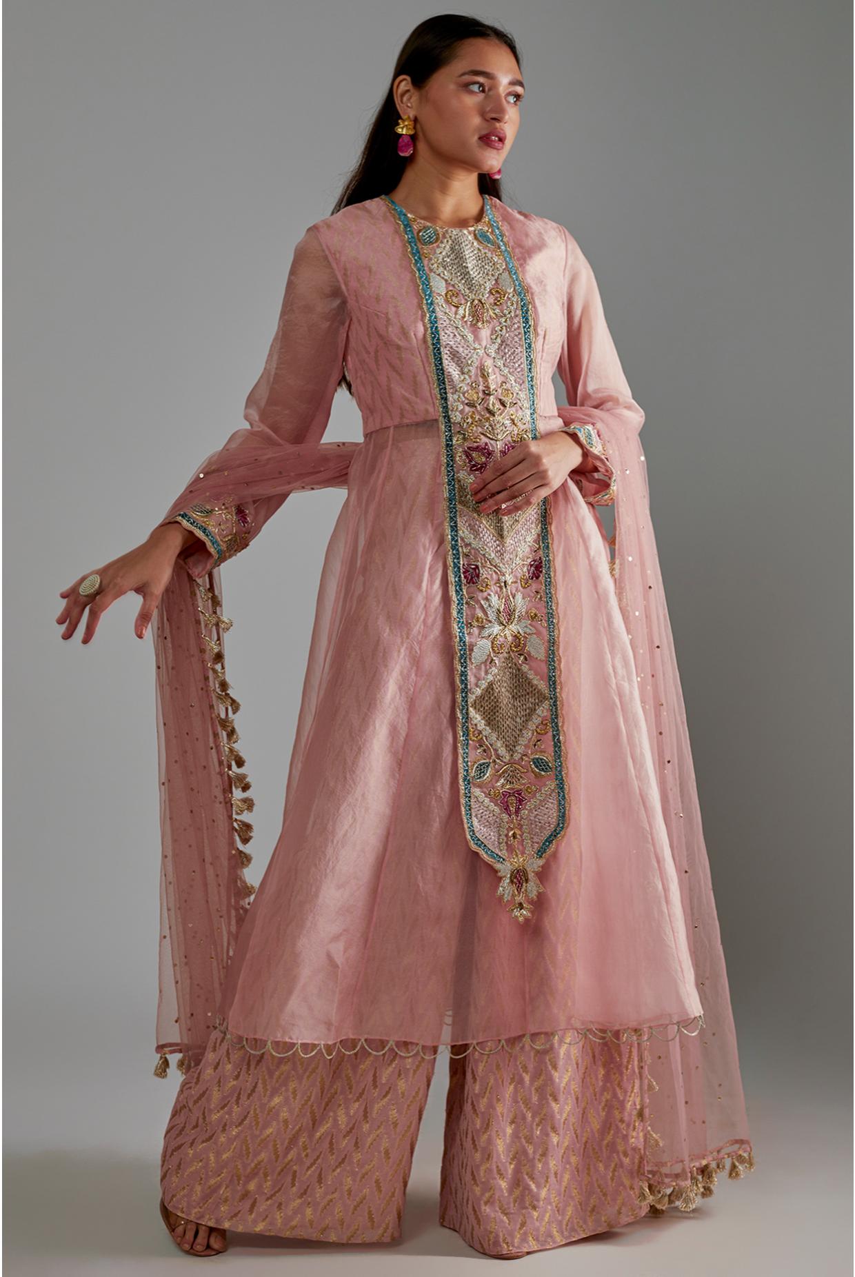 Rose Pink Embroidered Yoke Anarkali With Palazzo & Dupatta