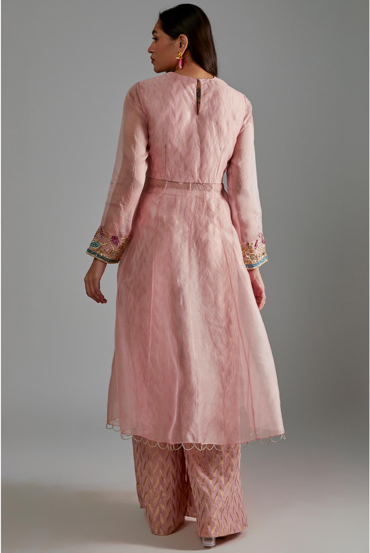 Rose Pink Embroidered Yoke Anarkali With Palazzo & Dupatta