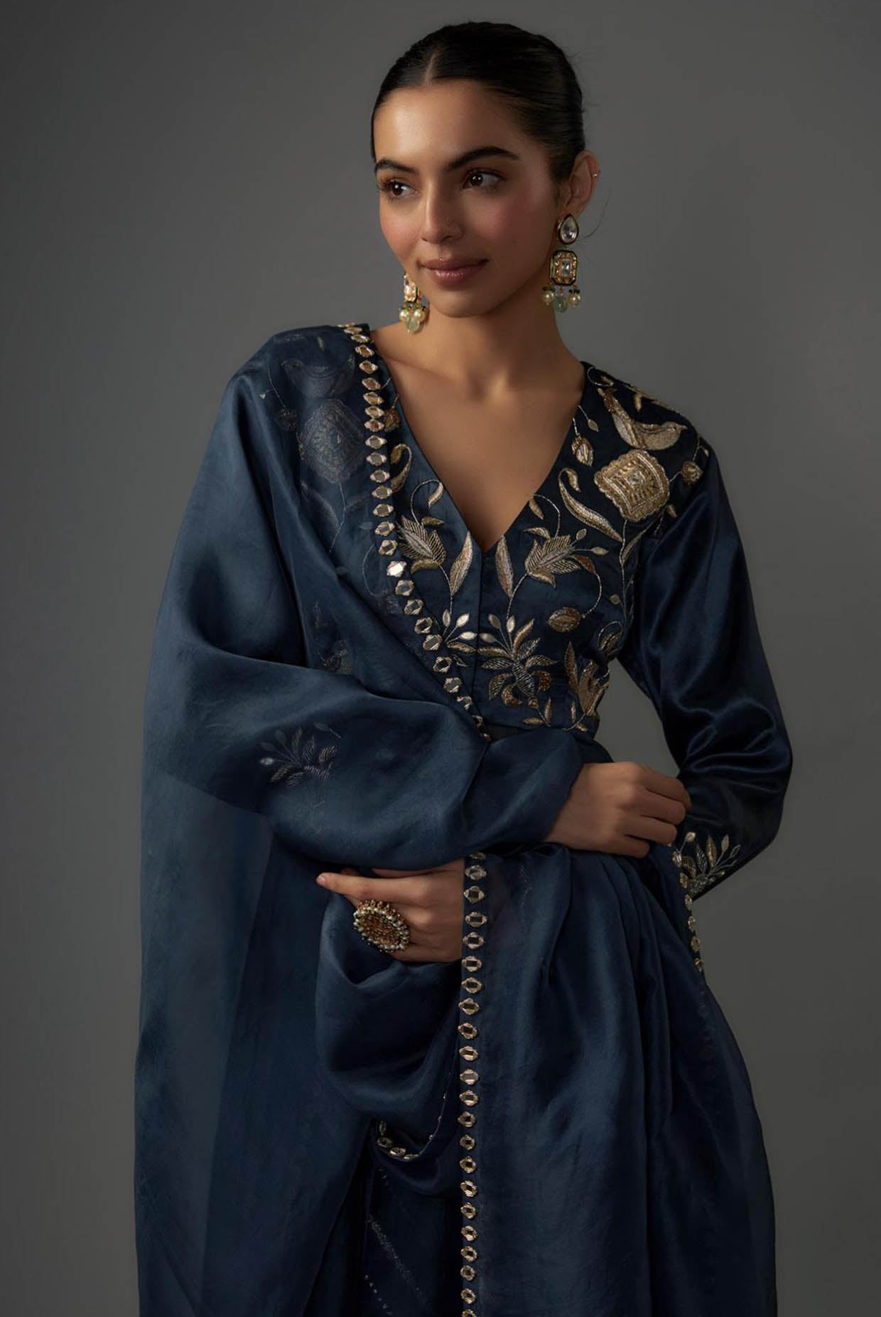 Navy Embroidered Anarkali And Palazzo With Embroidered Dupatta