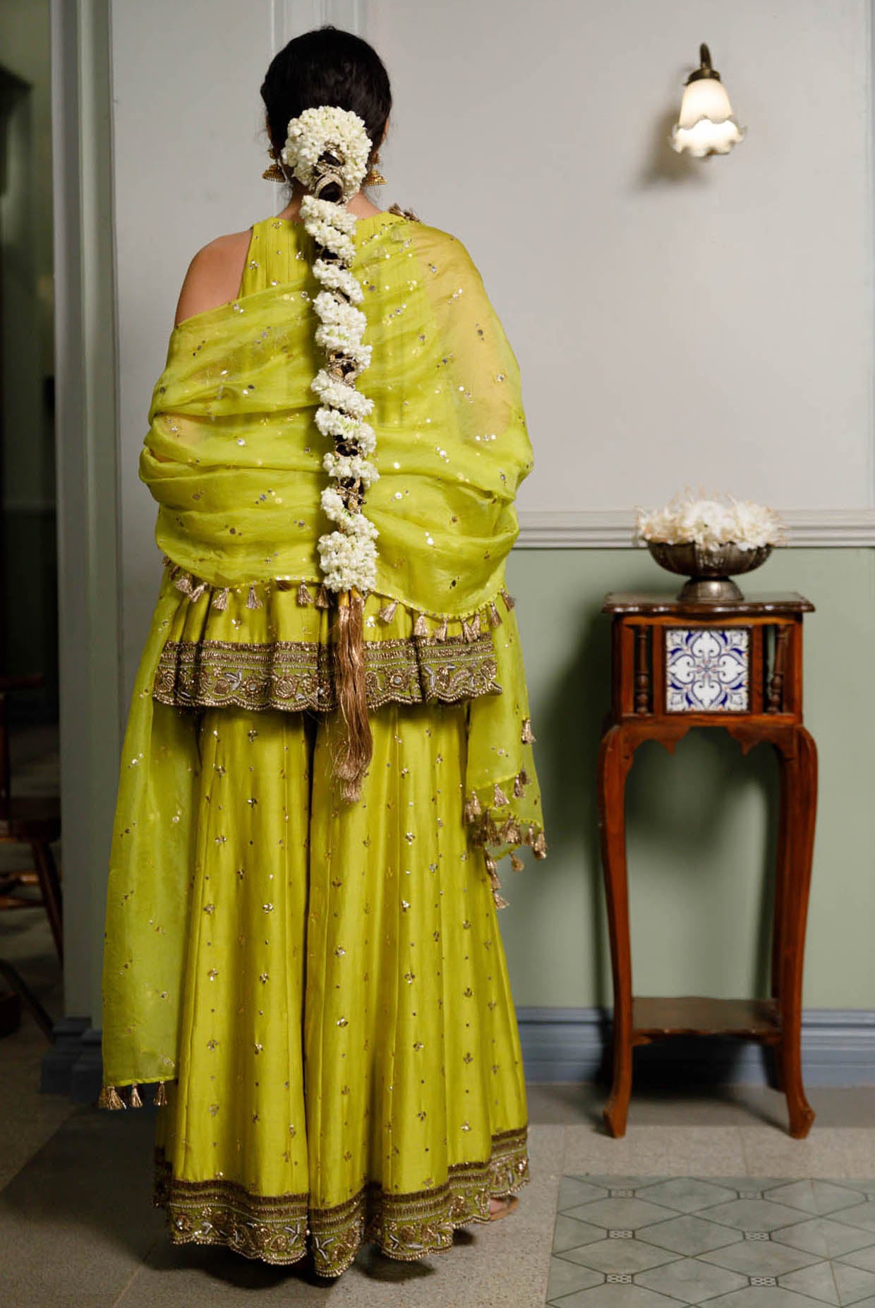 Jahanana Mehendi Green Embroidered Short Anarkali And Sharara With Dupatta