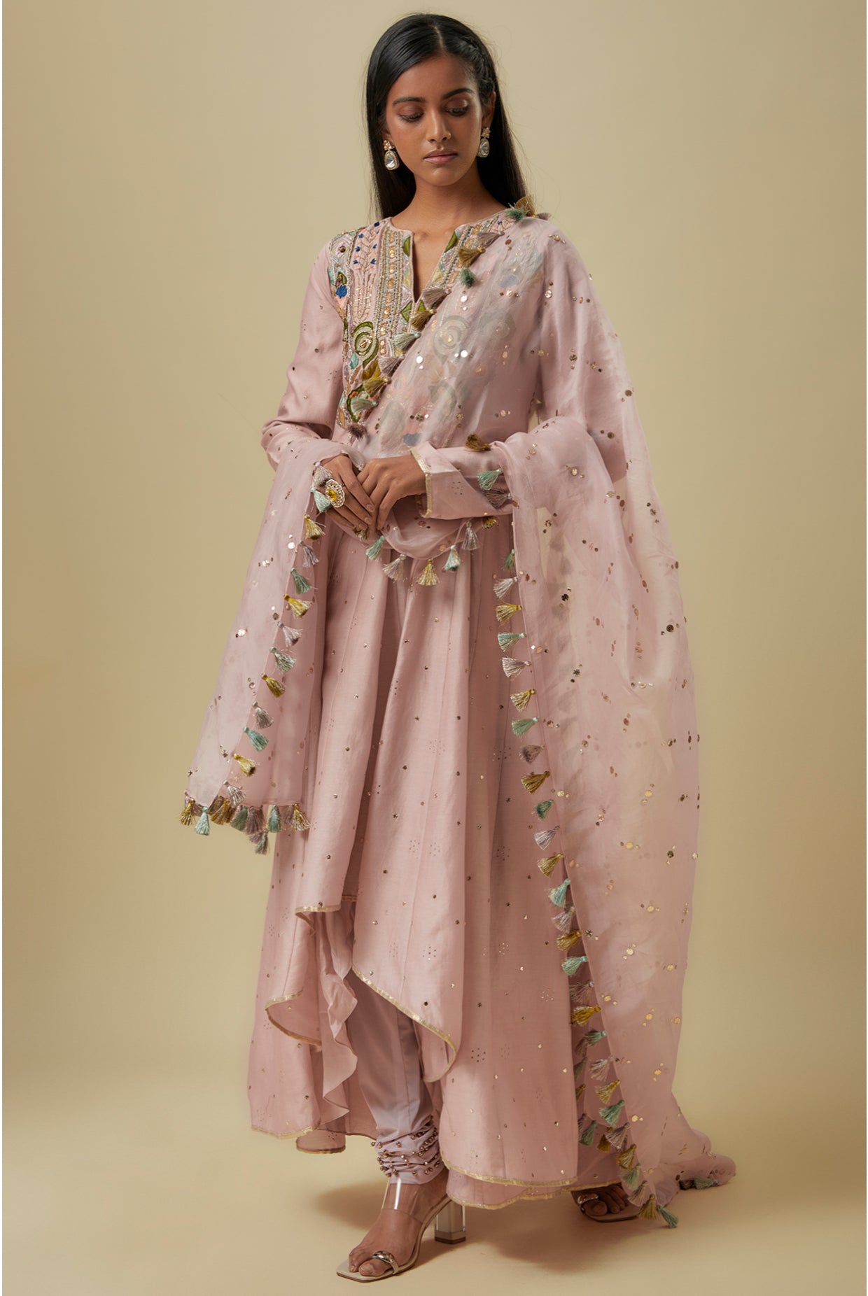 Onion Pink Embroidered High Low Mukaish Silkmul Anarkali With Soft Net Churidar And Ogrnaza Dupatta.