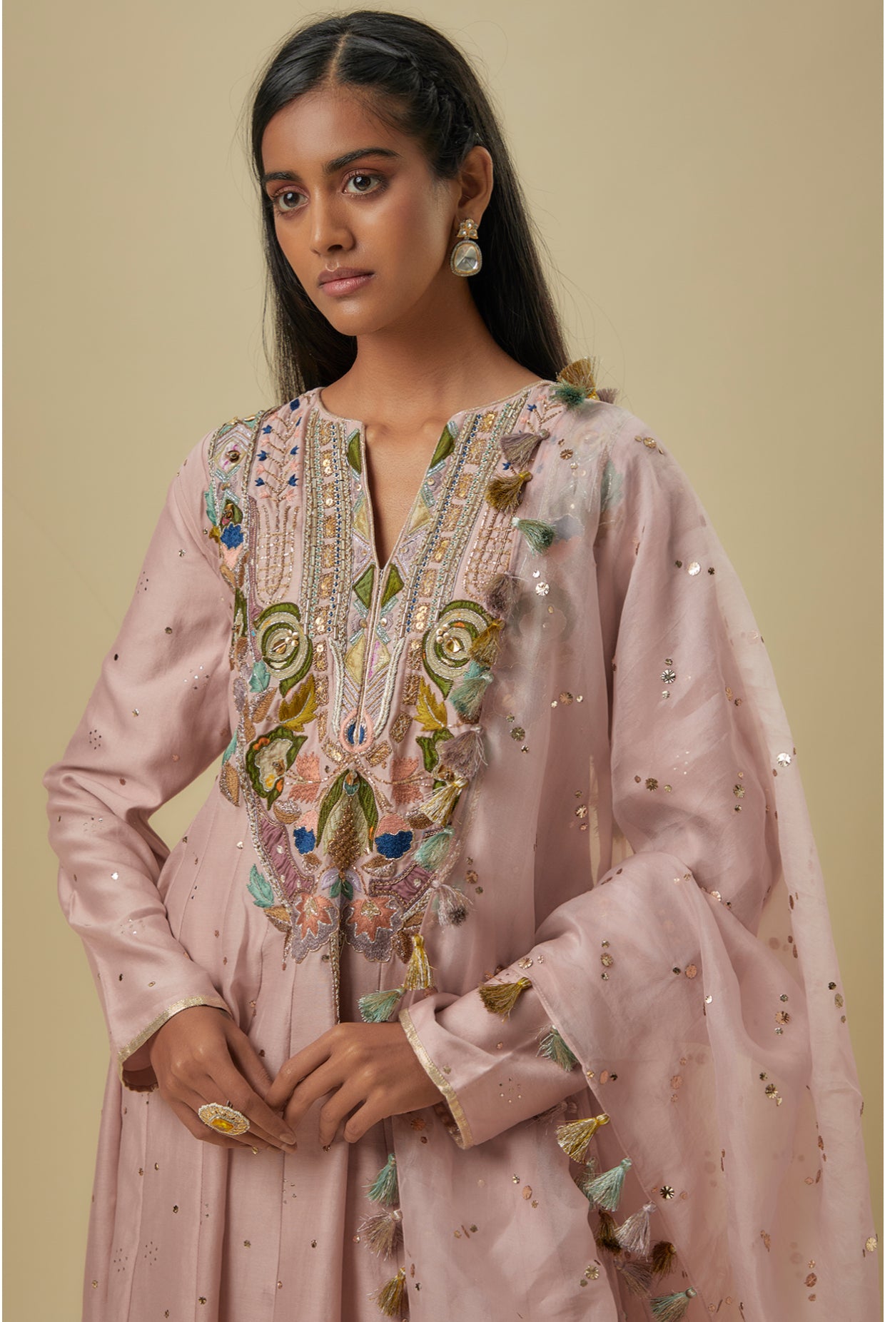 Onion Pink Embroidered High Low Mukaish Silkmul Anarkali With Soft Net Churidar And Ogrnaza Dupatta.