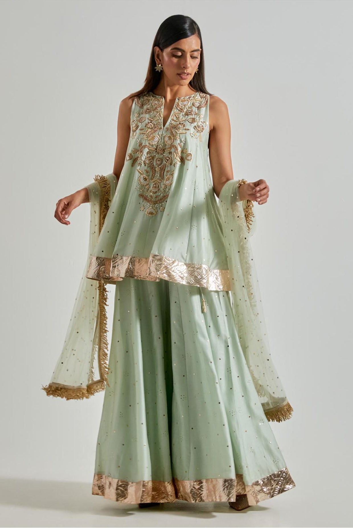Seafoam Short Anarkali with Sharara & Net Dupatta