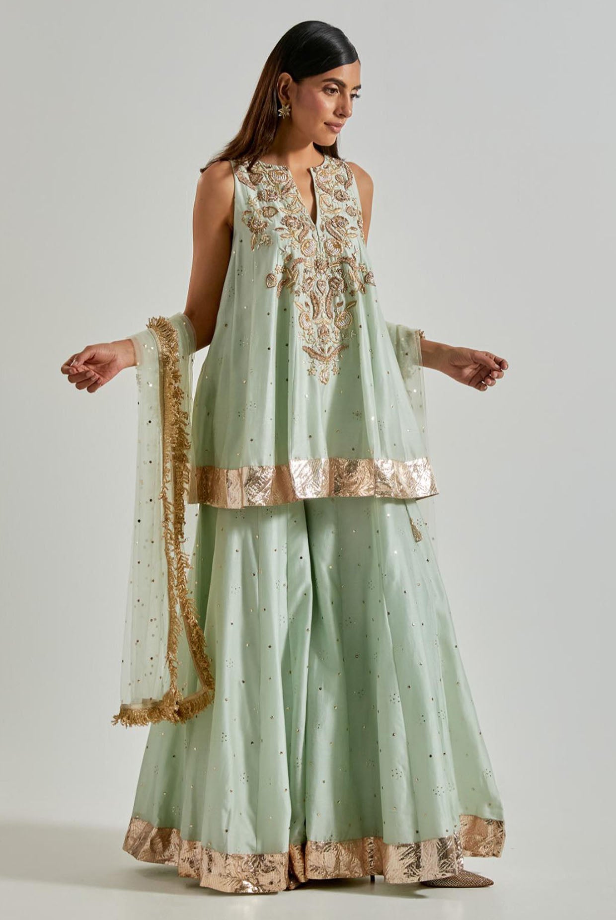 Seafoam Short Anarkali with Sharara & Net Dupatta