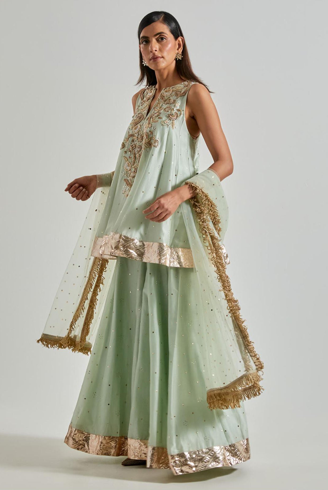 Seafoam Short Anarkali with Sharara & Net Dupatta