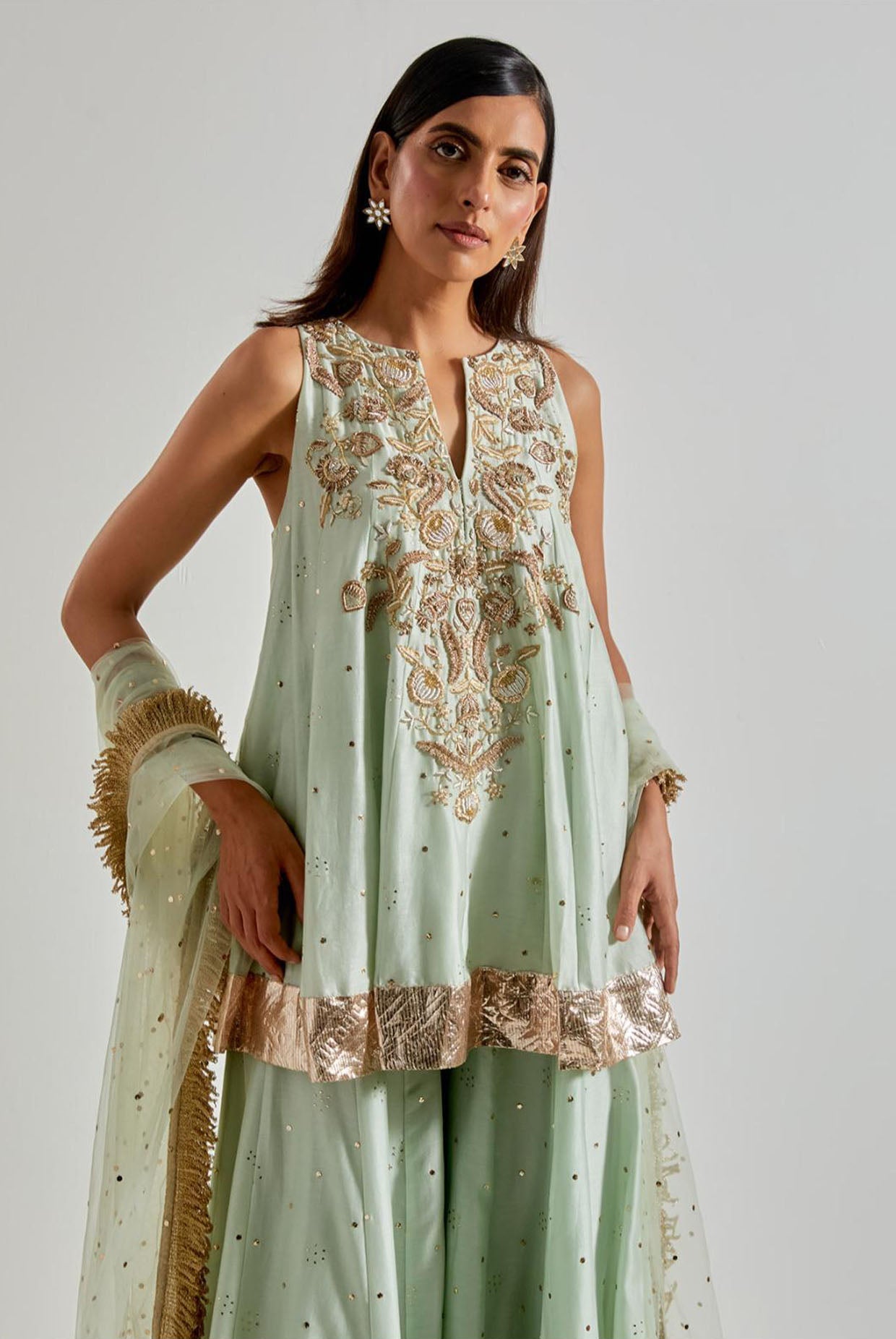 Seafoam Short Anarkali with Sharara & Net Dupatta