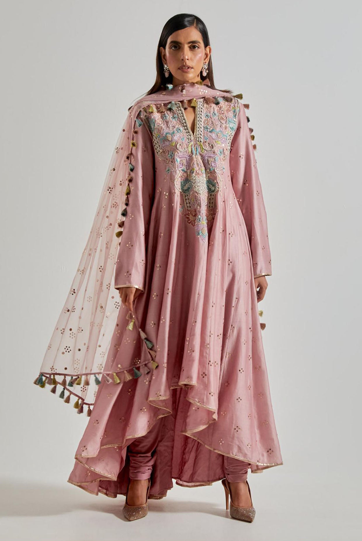 Lilac High-Low Anarkali with Churidar & Net Dupatta