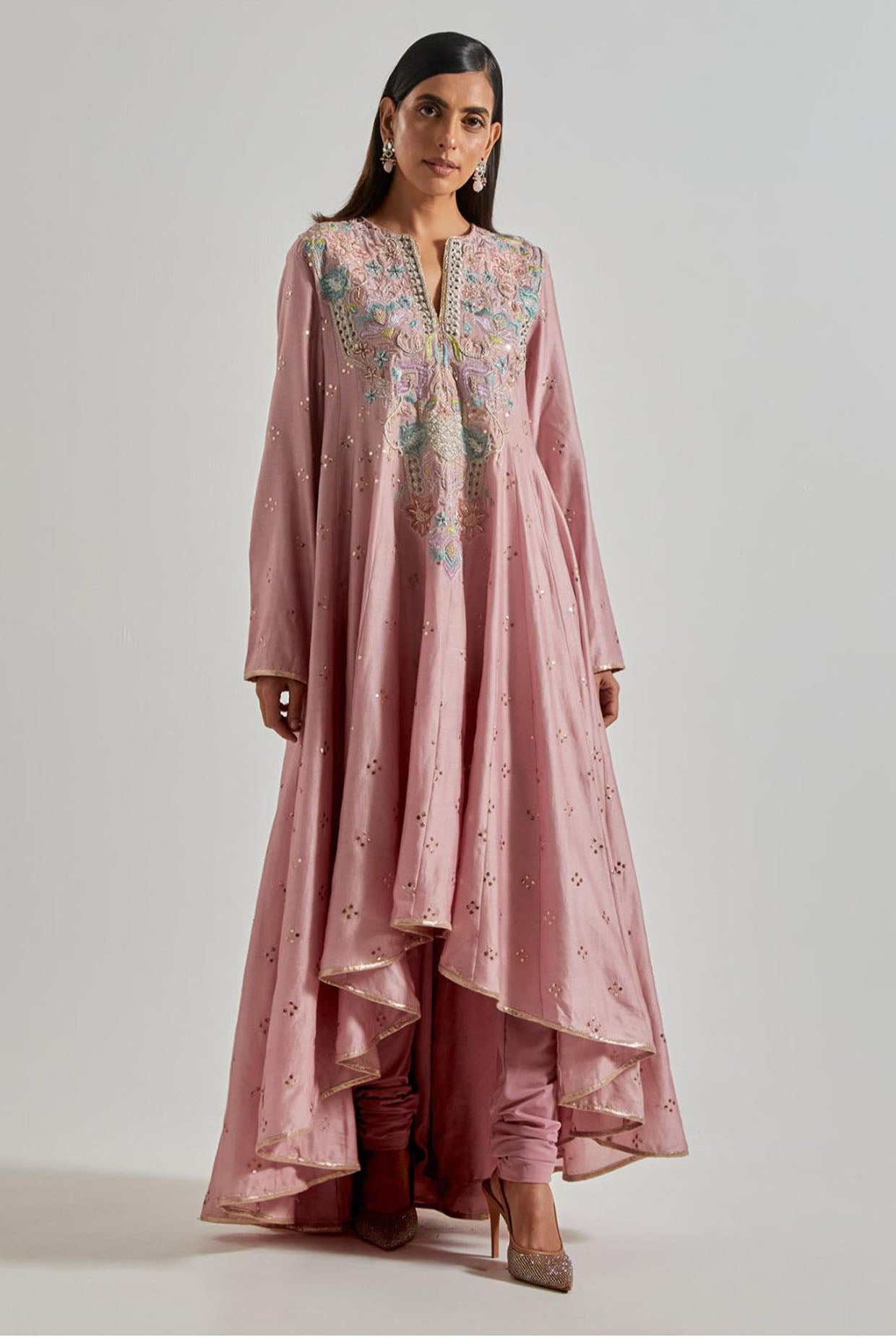 Lilac High-Low Anarkali with Churidar & Net Dupatta