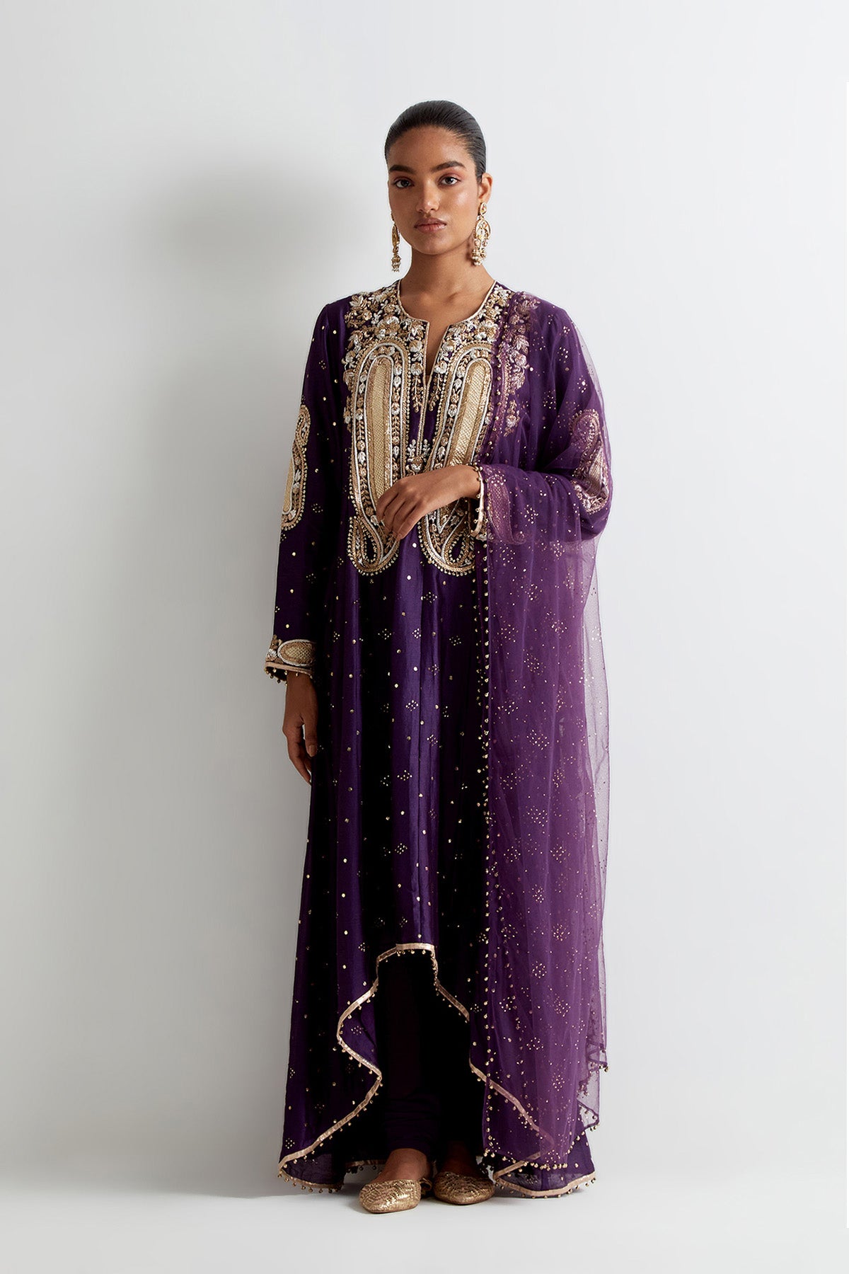 Purple Mukaish Silkmul Embroidered Anarkali With Soft Net Churidar And Mukaish Net Dupatta