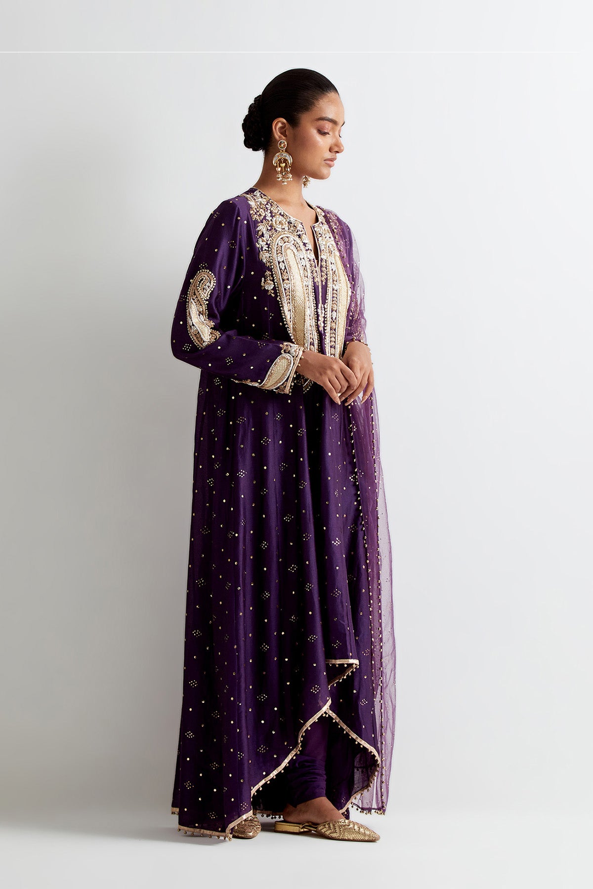 Purple Mukaish Silkmul Embroidered Anarkali With Soft Net Churidar And Mukaish Net Dupatta