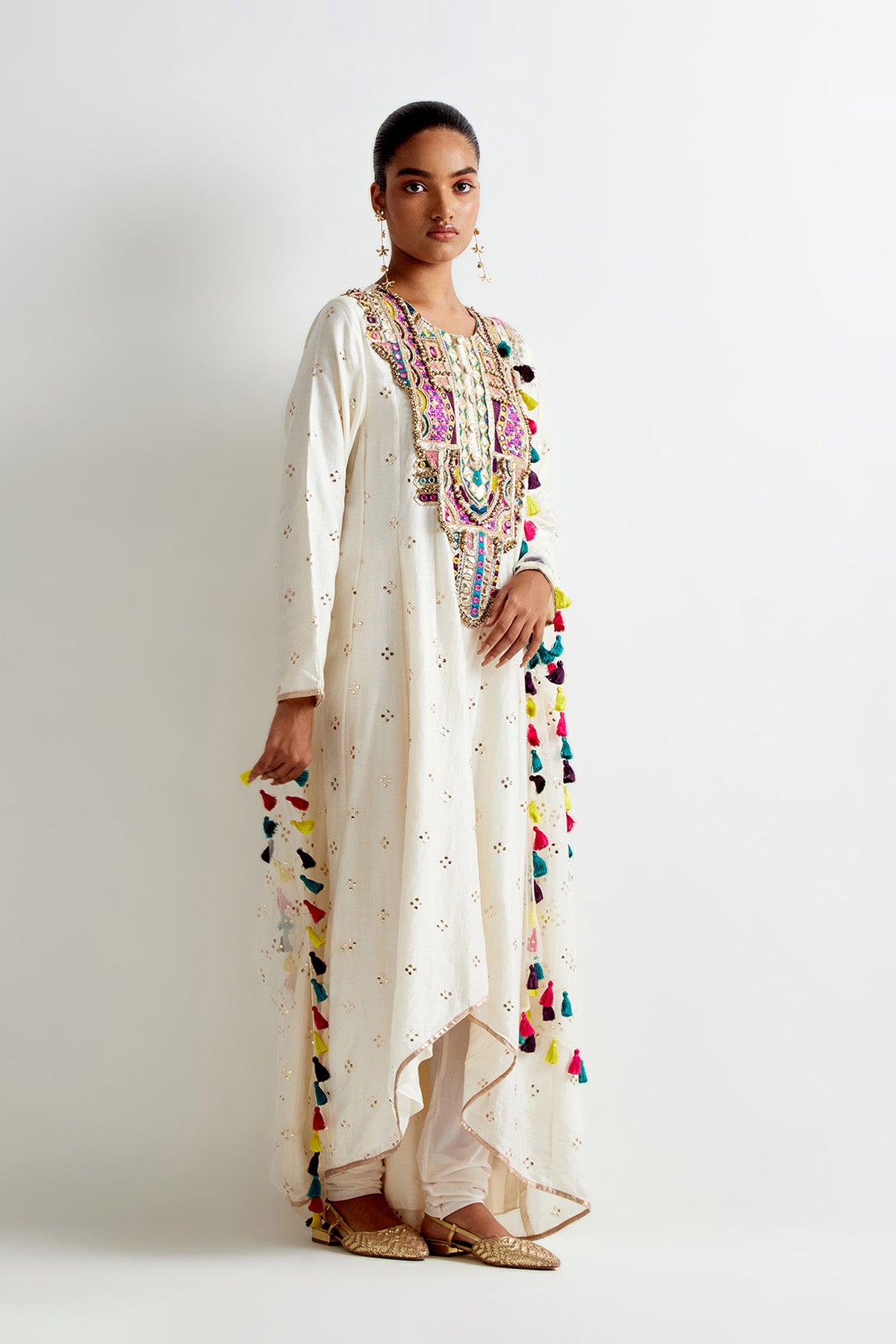 Off-White Silkmul Embroidered Anarkali With Soft Net Churidar And Mukaish Net Dupatta