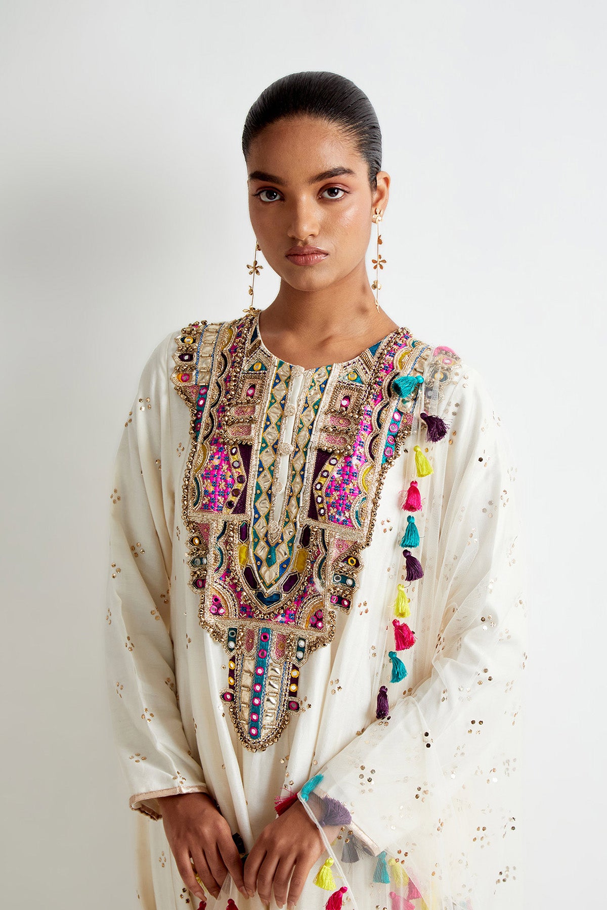 Off-White Silkmul Embroidered Anarkali With Soft Net Churidar And Mukaish Net Dupatta