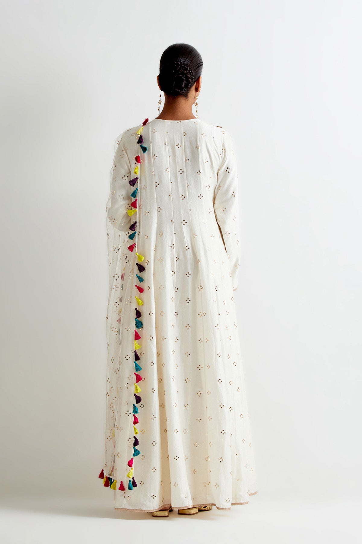 Off-White Silkmul Embroidered Anarkali With Soft Net Churidar And Mukaish Net Dupatta