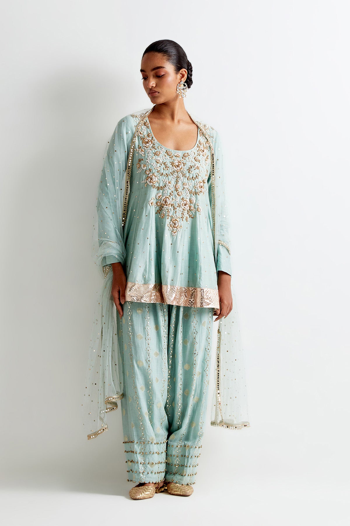 Sea Blue Mukaish Silkmul Embroidered Anarkali With Farshi Salwar And Mukaish Net Dupatta