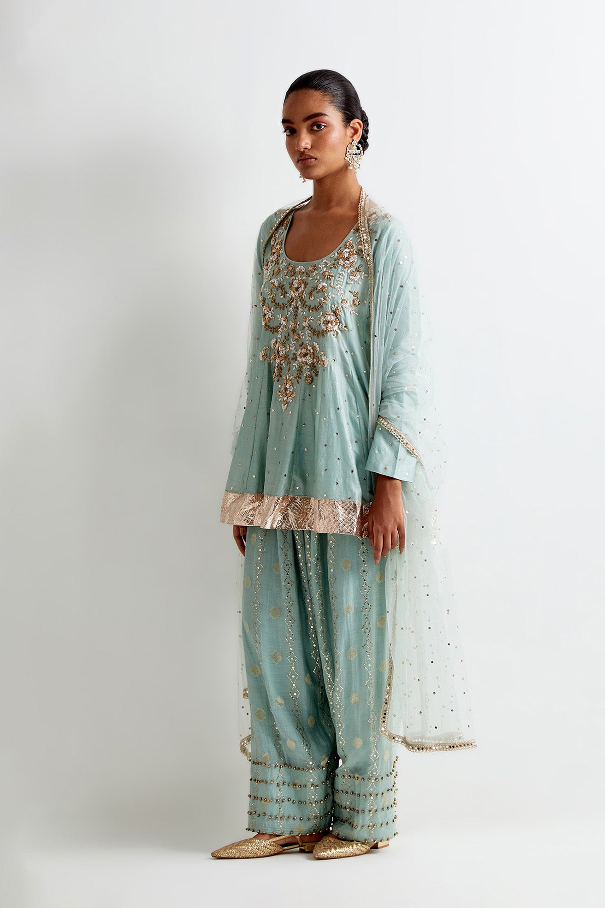 Sea Blue Mukaish Silkmul Embroidered Anarkali With Farshi Salwar And Mukaish Net Dupatta