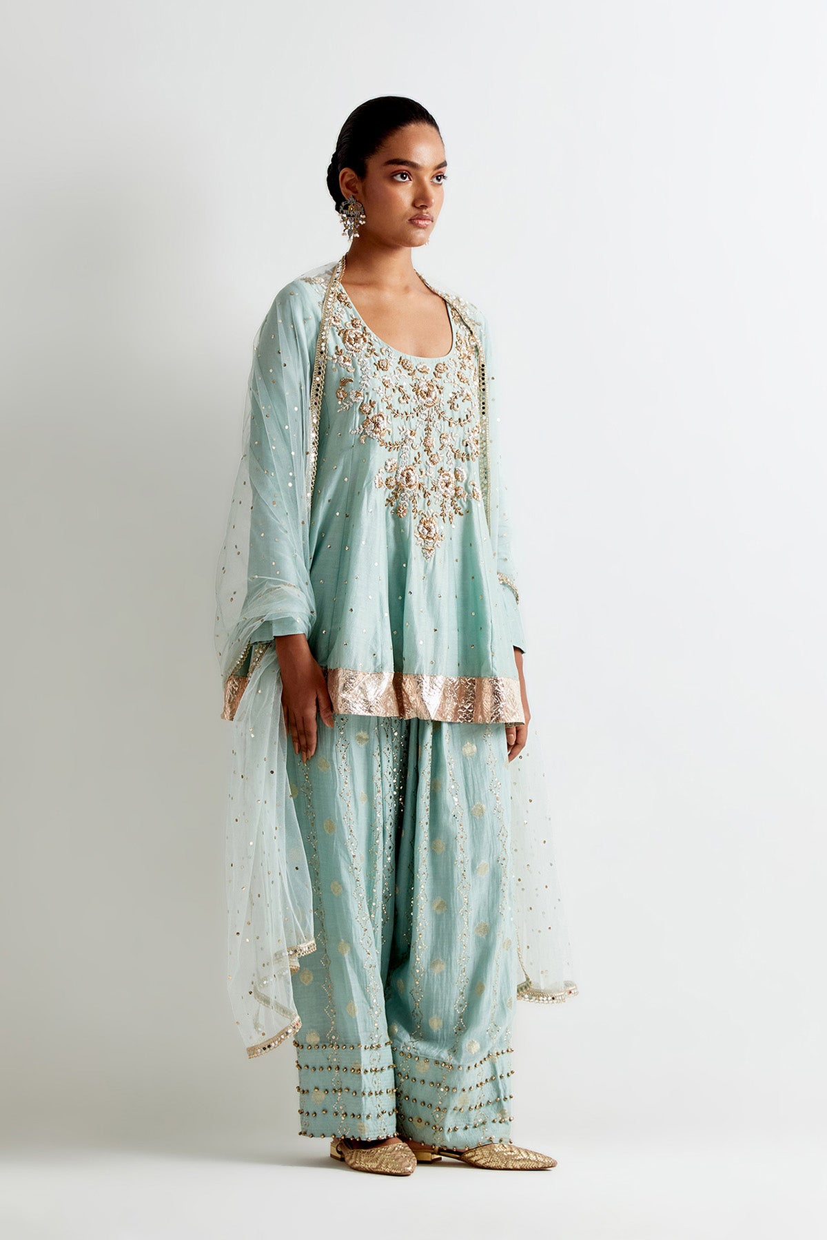 Sea Blue Mukaish Silkmul Embroidered Anarkali With Farshi Salwar And Mukaish Net Dupatta