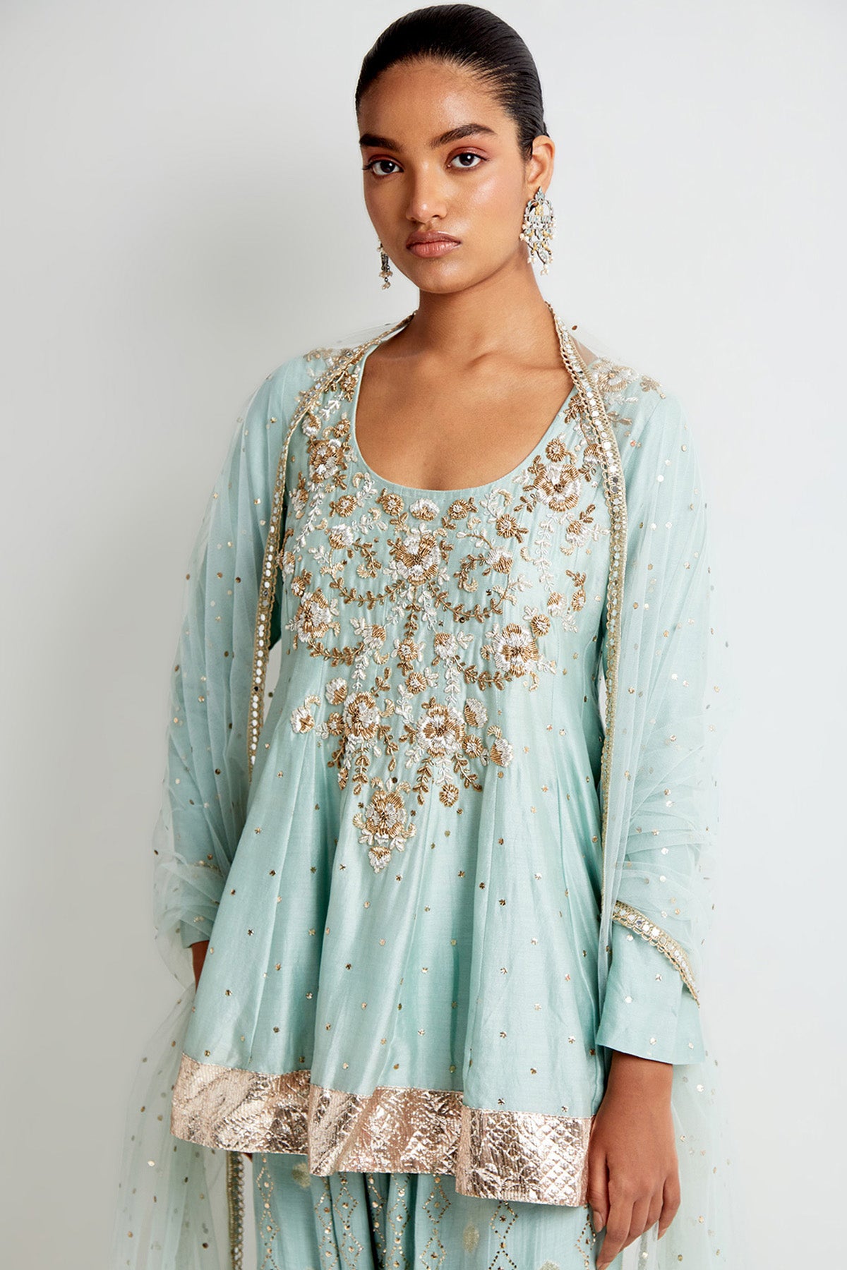 Sea Blue Mukaish Silkmul Embroidered Anarkali With Farshi Salwar And Mukaish Net Dupatta