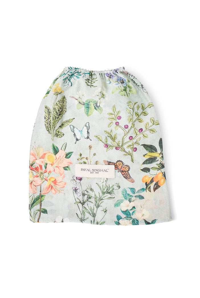 Ivory and Aqua Colour Printed Canvas Apron with Mittens and Pouch Set in Gift Box