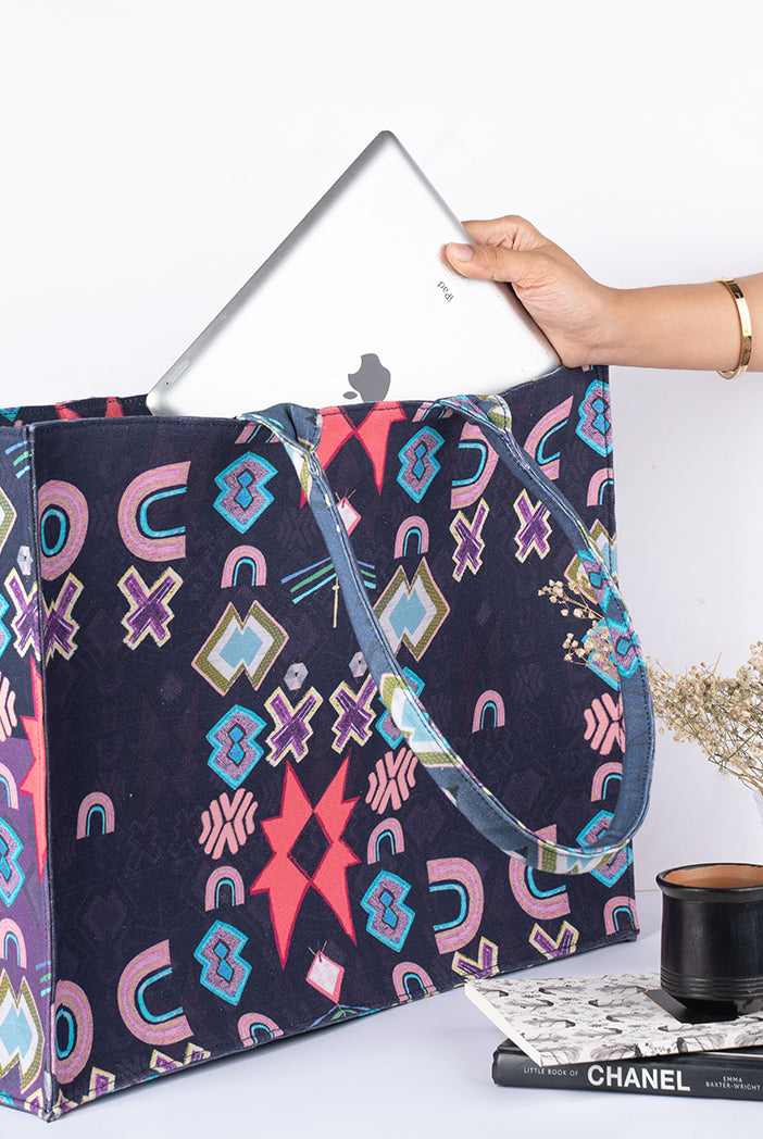 Purple Ikat Star Print Canvas Tote Bag