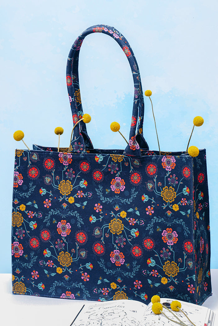 Navy Spring Print Canvas Tote Bag