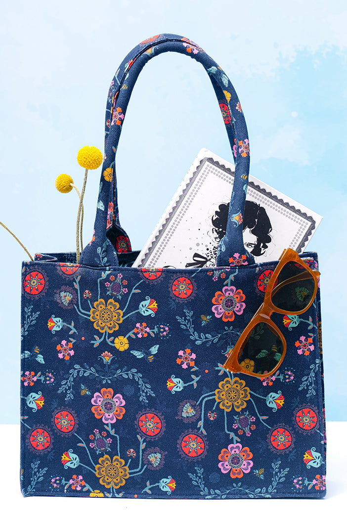 Navy Spring Print Canvas Small Tote Bag