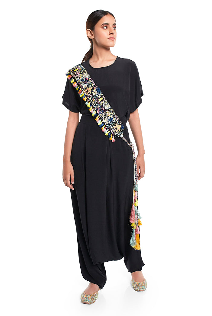 Black Dupion Silk Istanbul Embroidered Tie- Up Belt with Colourful Tassels