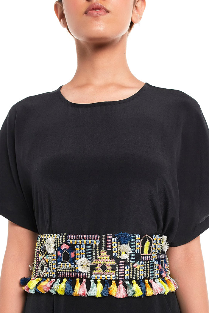Black Dupion Silk Istanbul Embroidered Tie- Up Belt with Colourful Tassels