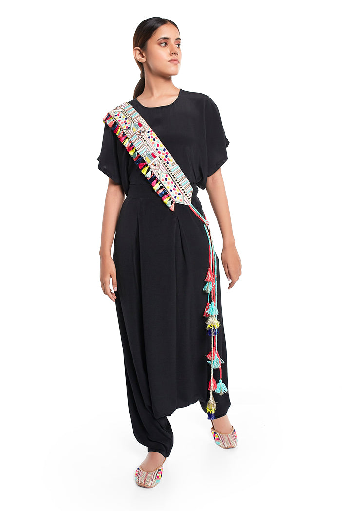 Cream Crepe Kutch Embroidered Tie- Up Belt with Colourful Tassels