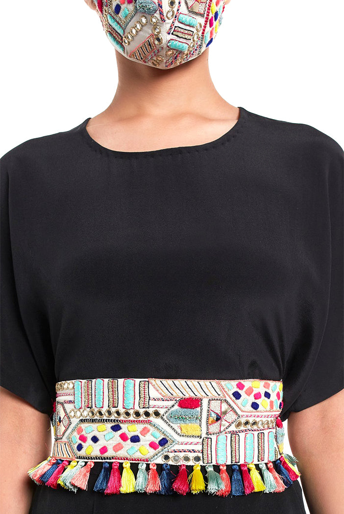 Cream Crepe Kutch Embroidered Tie- Up Belt with Colourful Tassels