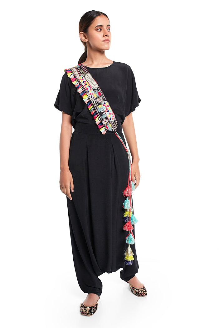 Black Dupion Silk Kutch Embroidered Tie-Up Belt with Colourful Tassels