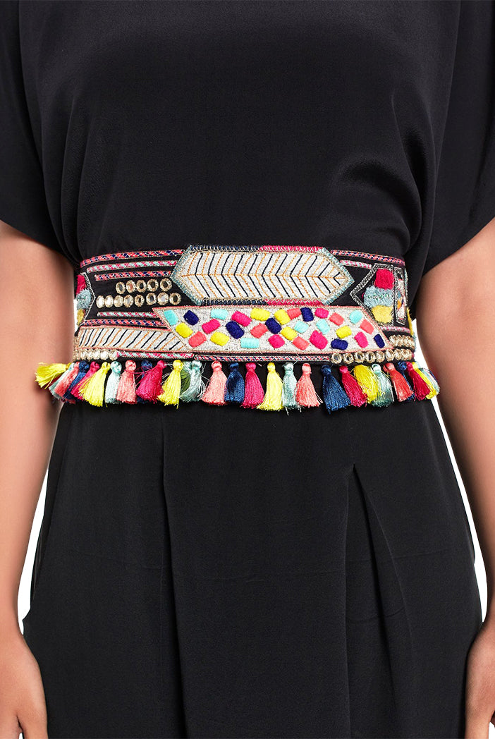 Black Dupion Silk Kutch Embroidered Tie-Up Belt with Colourful Tassels