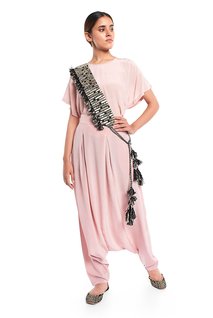 Black Dupion Silk Dash Embroidered Tie- Up Belt with Tassels