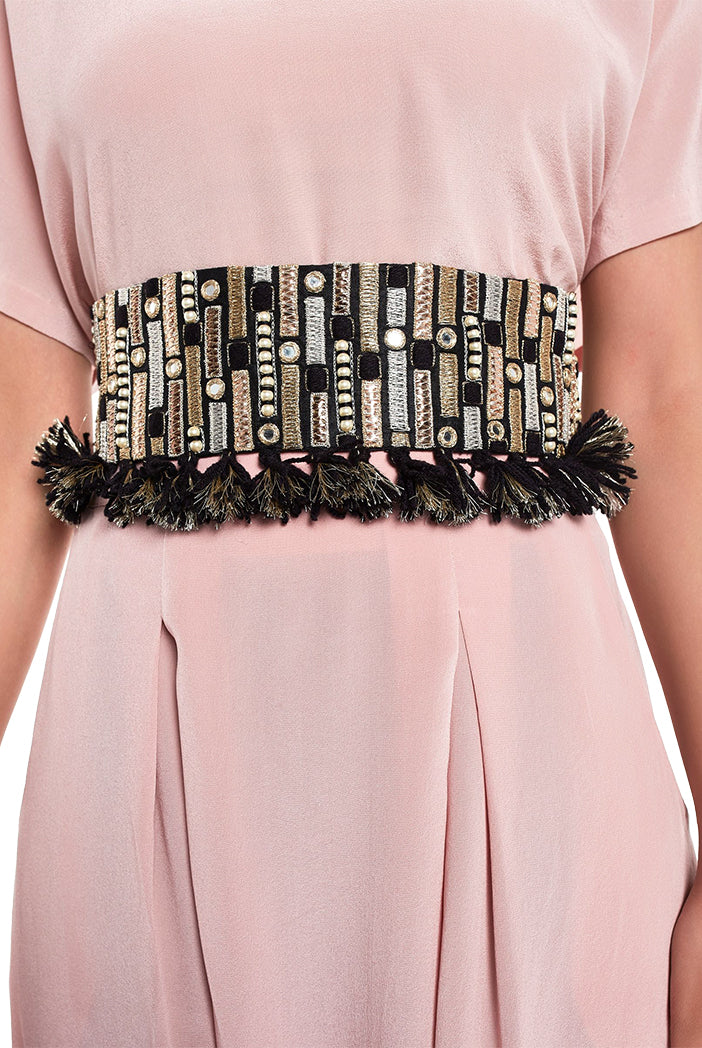 Black Dupion Silk Dash Embroidered Tie- Up Belt with Tassels