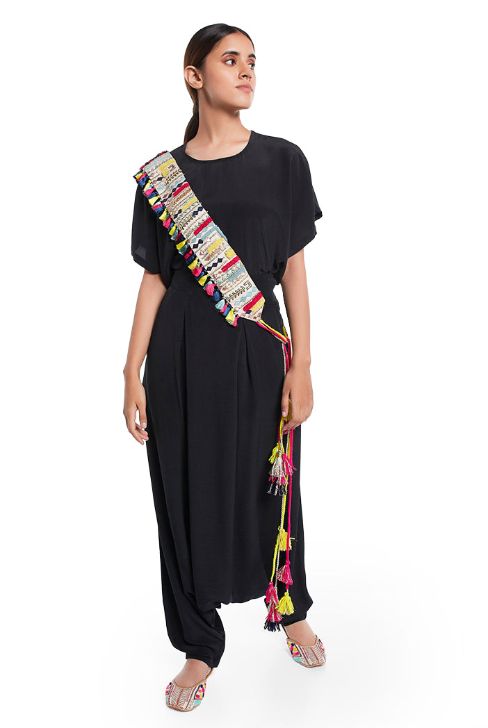 Stone Dupion Silk Marakesh Embroidered Tie- Up Belt with Colourful Tassels