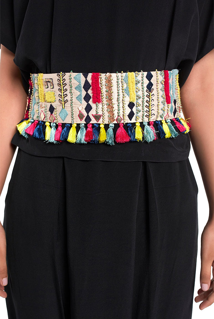 Stone Dupion Silk Marakesh Embroidered Tie- Up Belt with Colourful Tassels