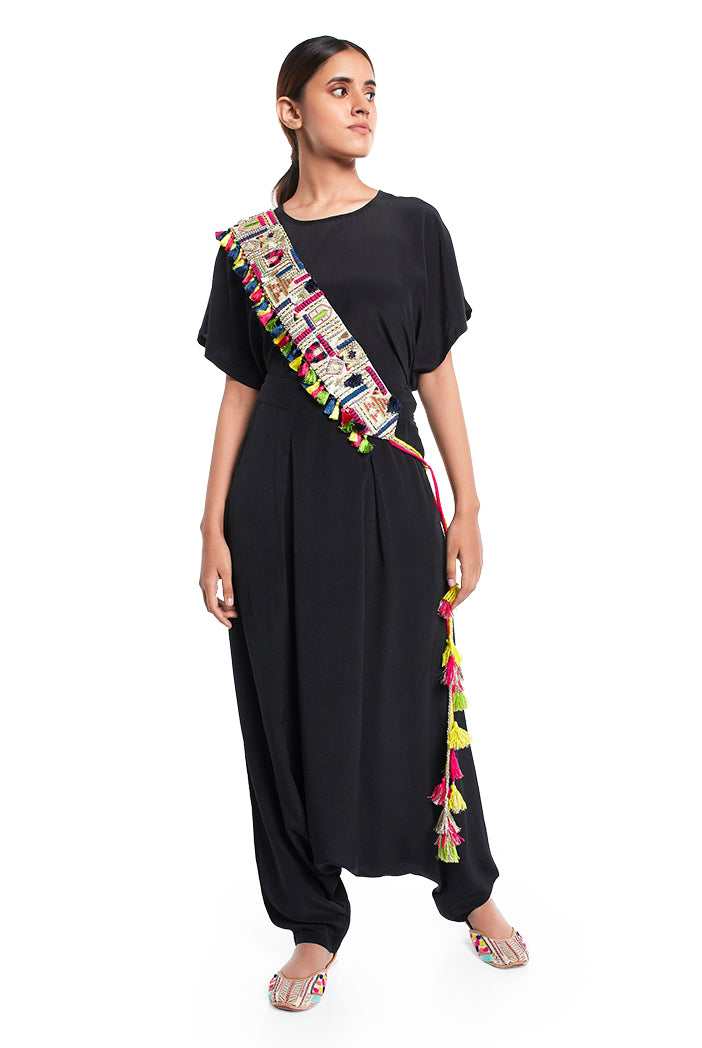 Stone Dupion Silk Istanbul Embroidered Tie-Up Belt with Colourful Tassels