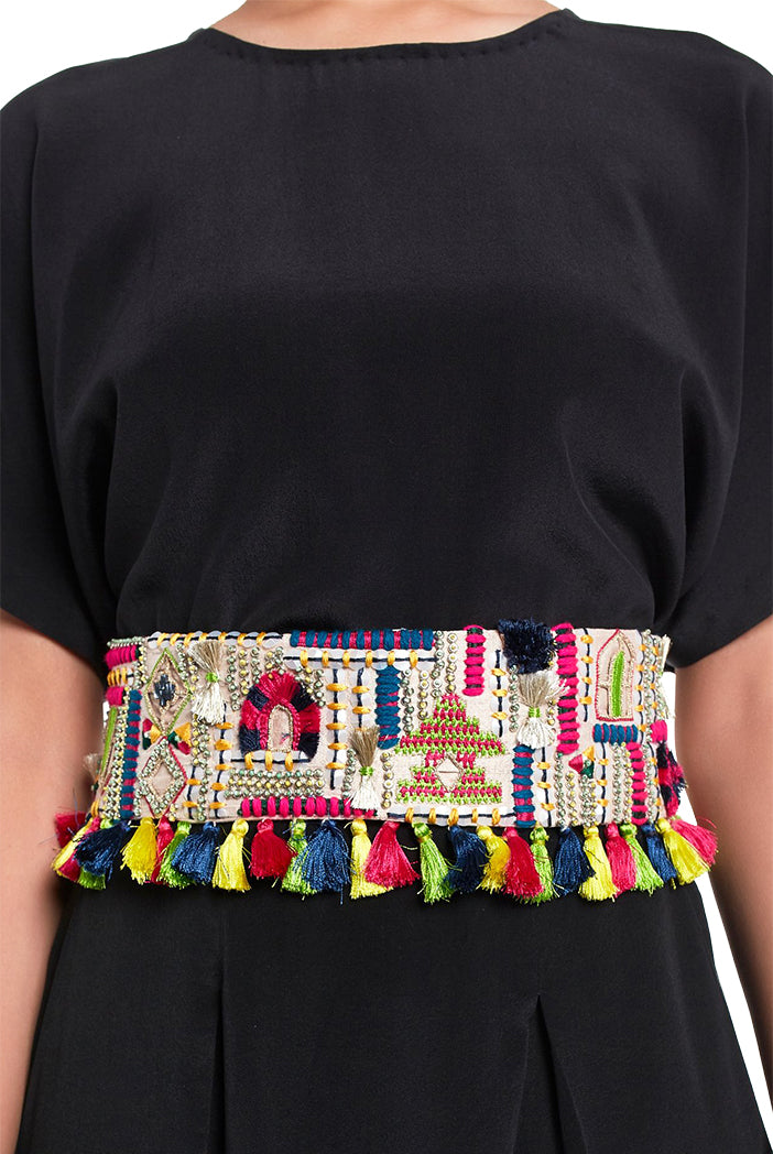 Stone Dupion Silk Istanbul Embroidered Tie-Up Belt with Colourful Tassels