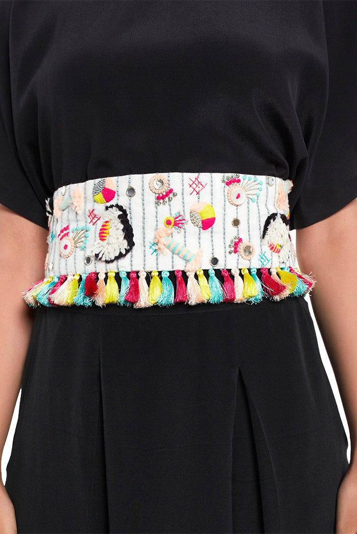 Cream Linen Baby Butti Embroidered Tie-Up Belt with Colourful Tassels