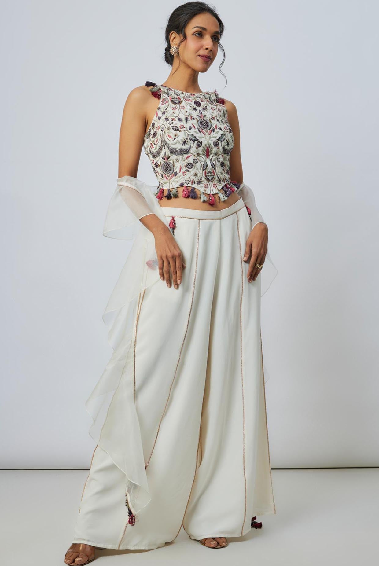 Off White Embroidered Choli And Pant With Ruffle Dupatta