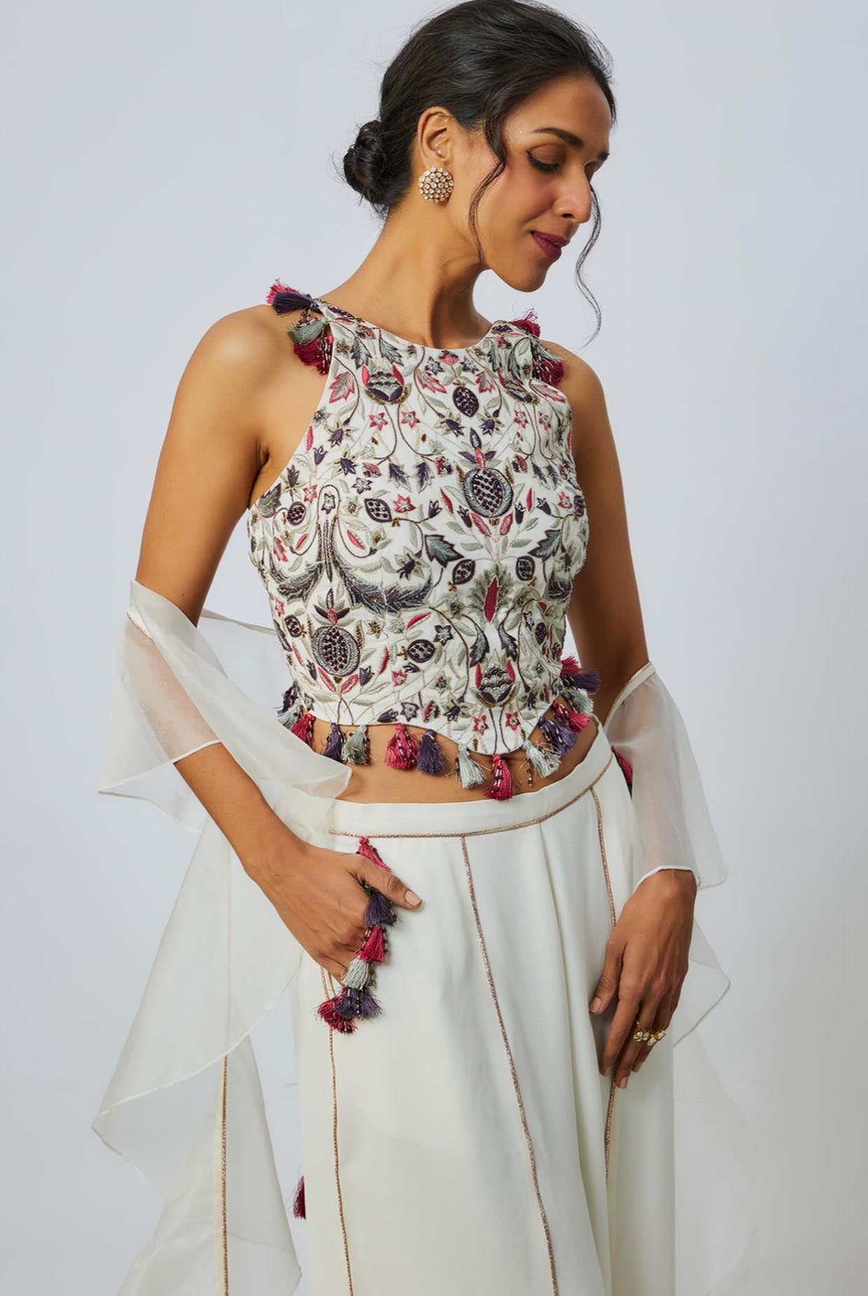 Off White Embroidered Choli And Pant With Ruffle Dupatta