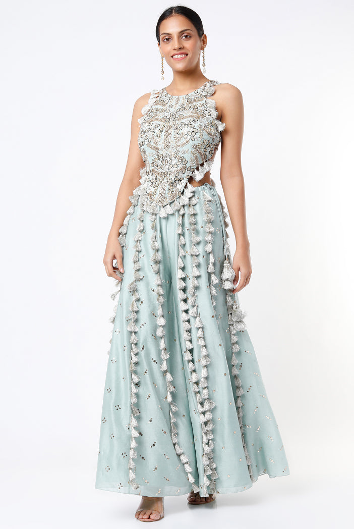 Powder Blue Georgette Embroidered Choli With Mukaish Silkmul Sharara With Tassel Detailing