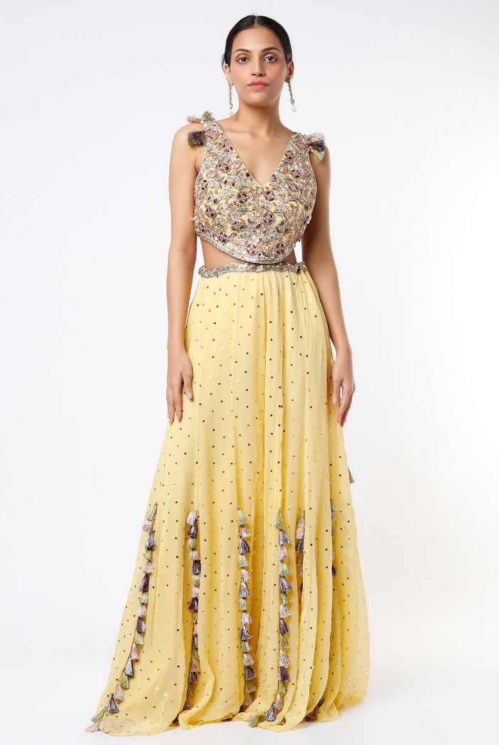 Yellow Georgette Embroidered Choli With Dot Mukaish Georgette Sharara